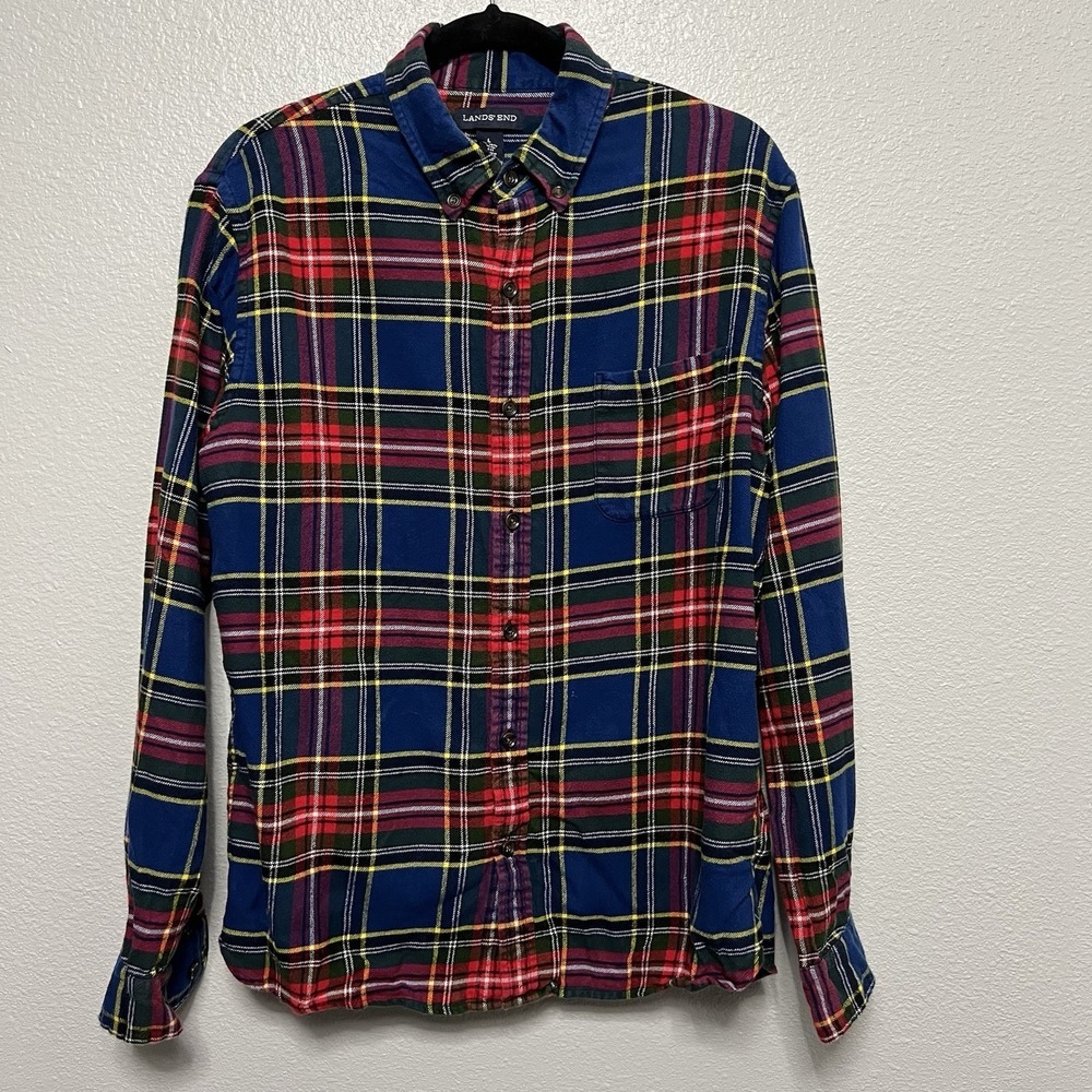 Lands' End Multicolor Men's L‎ Slim Fit Cotton Flannel Shirt Plaid Long Sleeve